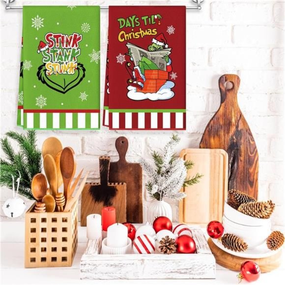 Red | Kitchen Towels 2 Pieces Christmas | 17.7 x 27.5 Inch | Grinch Decorations - Picture 7 of 7